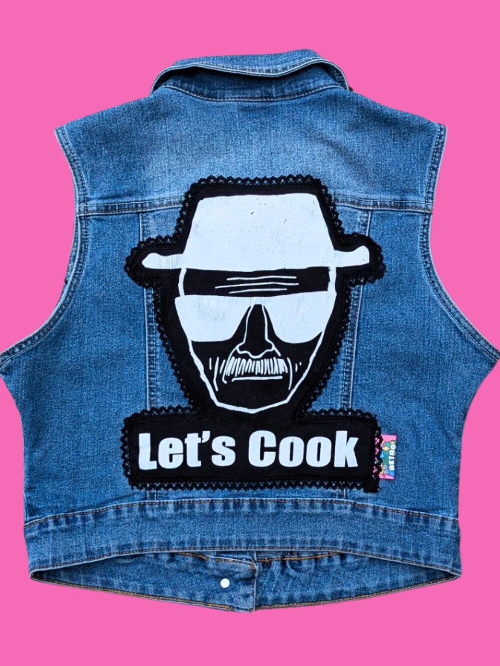 Breaking Bad ''Let's Cook'' Upcycled T-Shirt Sleeveless Denim Jacket Size L